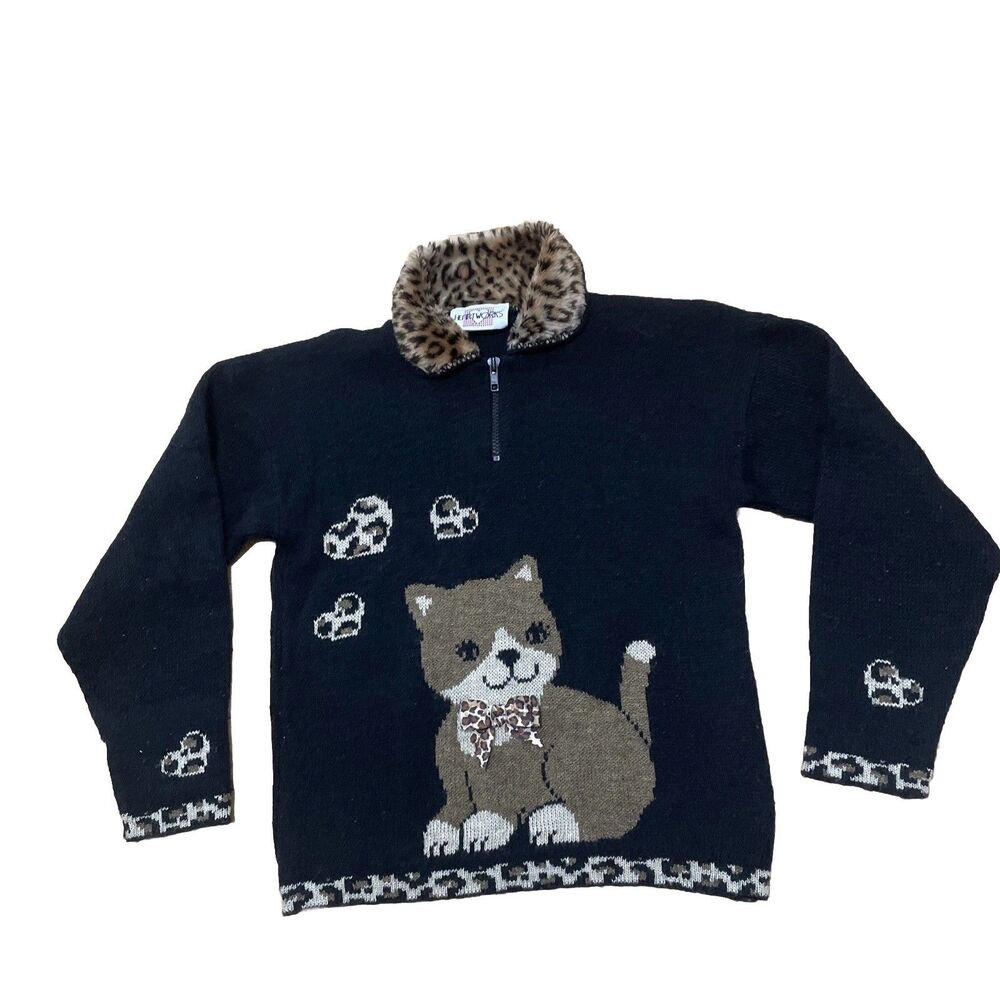 Vtg Heartworks 3D Bow Cat Sweater Girls Teen 14 16 Leopard Print Faux Fur Collar